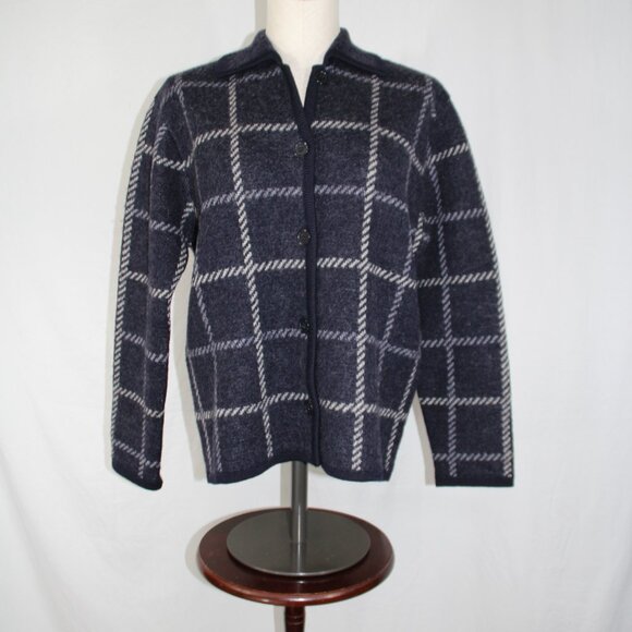 Vintage Talbots Petites Small Checkered Button Up Cardigan Navy White 100% Wool - Picture 3 of 12